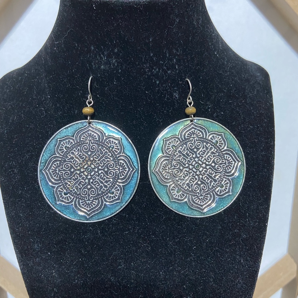 Boho Silver Tone Teal Enamel Mandala Medallion Drip Earrings Gypsy Festival.